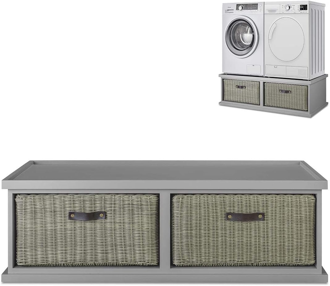 Tetbury double washing machine and dryer pedestal stand with drawer. Grey washing machine and dryer stand, pedestal raiser. Fully Assembled