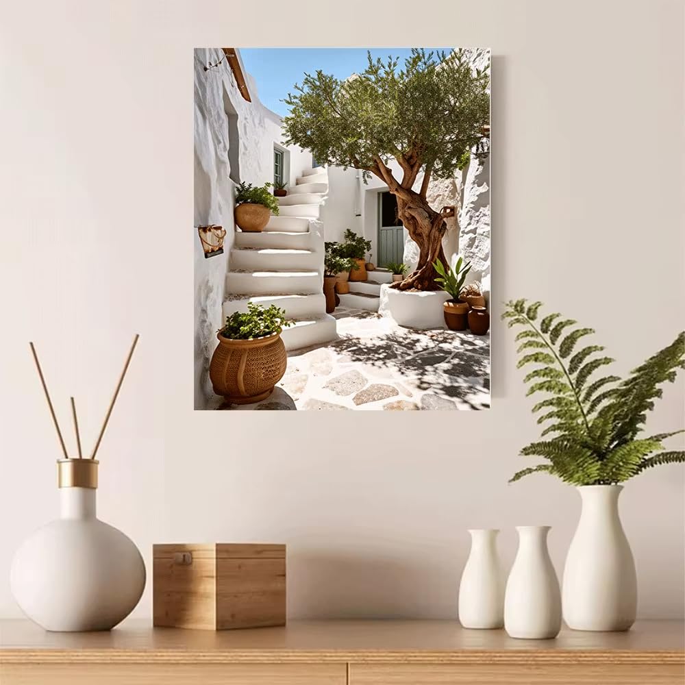 XIANGPEIFBH Canvas Poster Mediterranean Courtyard Olive Tree White Stairs Garden Art Print Summer, Wall ​Art Pictures for Living Room((90x130cm/35x51in)/Unframed)