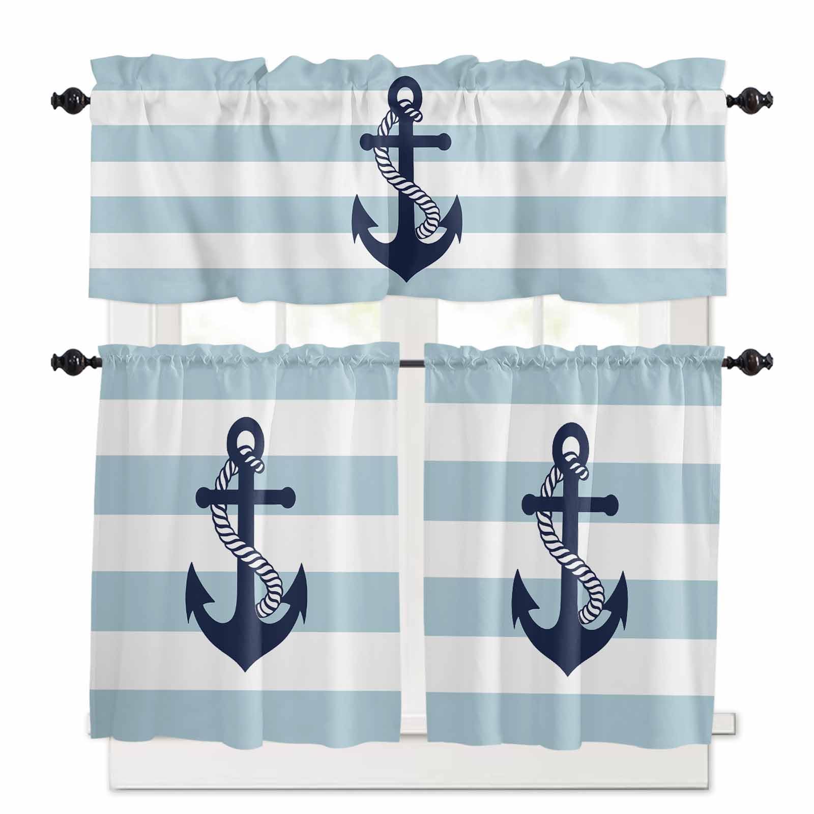 Aqua Stripe Nautical Kitchen Curtains 36 Inch Length, 3 Piece Rod Pocket Small Half Tiers and Valance Set, Navy Blue Anchor Summer Coastal Small Large Window Treatment Decor for Bedroom/Bathroom Sink