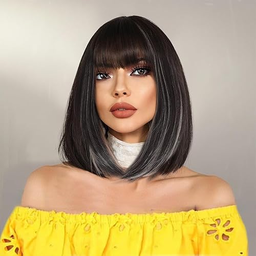 Colorful Queen Peluca Bob con reflejos rubios y marrones con flequillo para mujer, peluca sintética recta Yaki, peluca Bob con reflejos grises, para