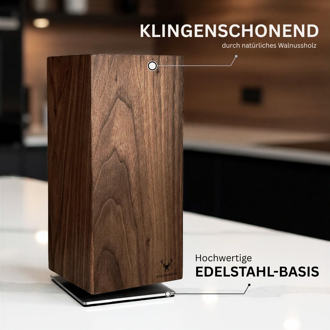 Messerblock ohne Messer magnetisch [Premium] | 360° drehbar | 5,2 kg extra schwer | Rutschfeste Edelstahl-Basis | Nordamerikanische Walnuss