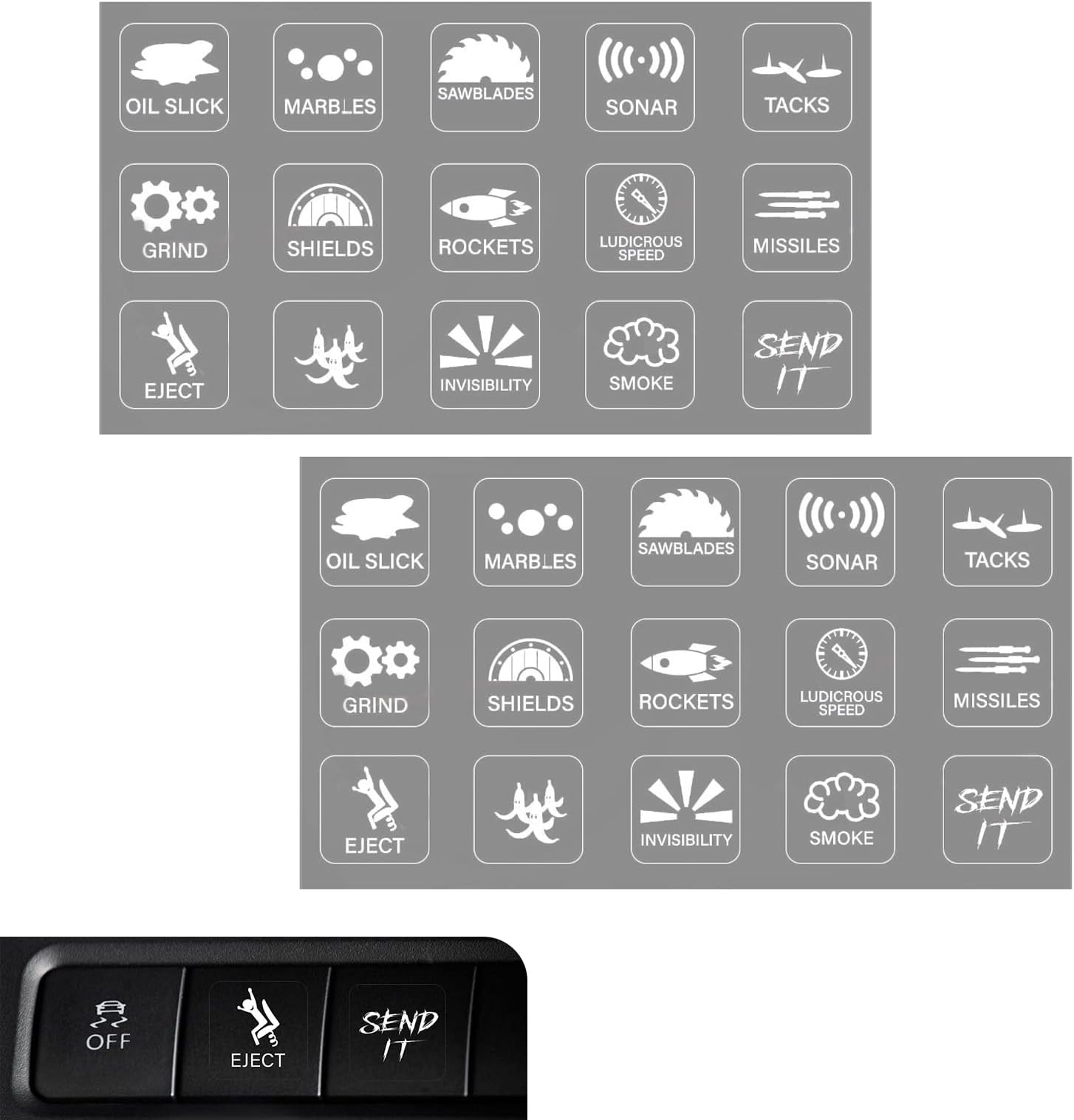 2 PCS Car Switch Button Stickers, 15 Kinds of Dashboard Console Switch Button Self-Adhesive Decals, Interesting and Creative Unused Button Interior Labels, Universal for Cars Trucks (White)