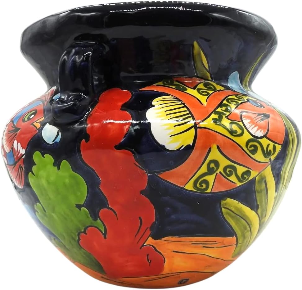 Michoacana Planter Small Hand Painted Pot Indoor Outdoor Multi Colored Glazed Dark Blue Fish