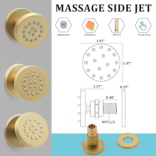 Miniatura 39 de HOMEDEC - Paquete de 6 chorros redondos de latón cepillado para masajes cuadrados de 2 pulgadas