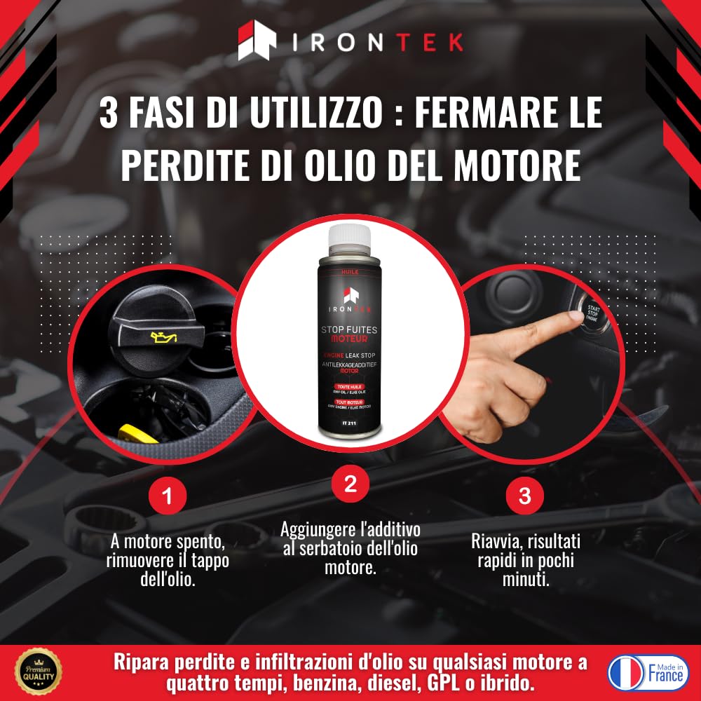 Antifuga Olio Motore - IRONTEK - 300ml | IT211 | Sigilla Perdite Olio | Ripristina Guarnizioni | Benzina Diesel GPL Ibrido