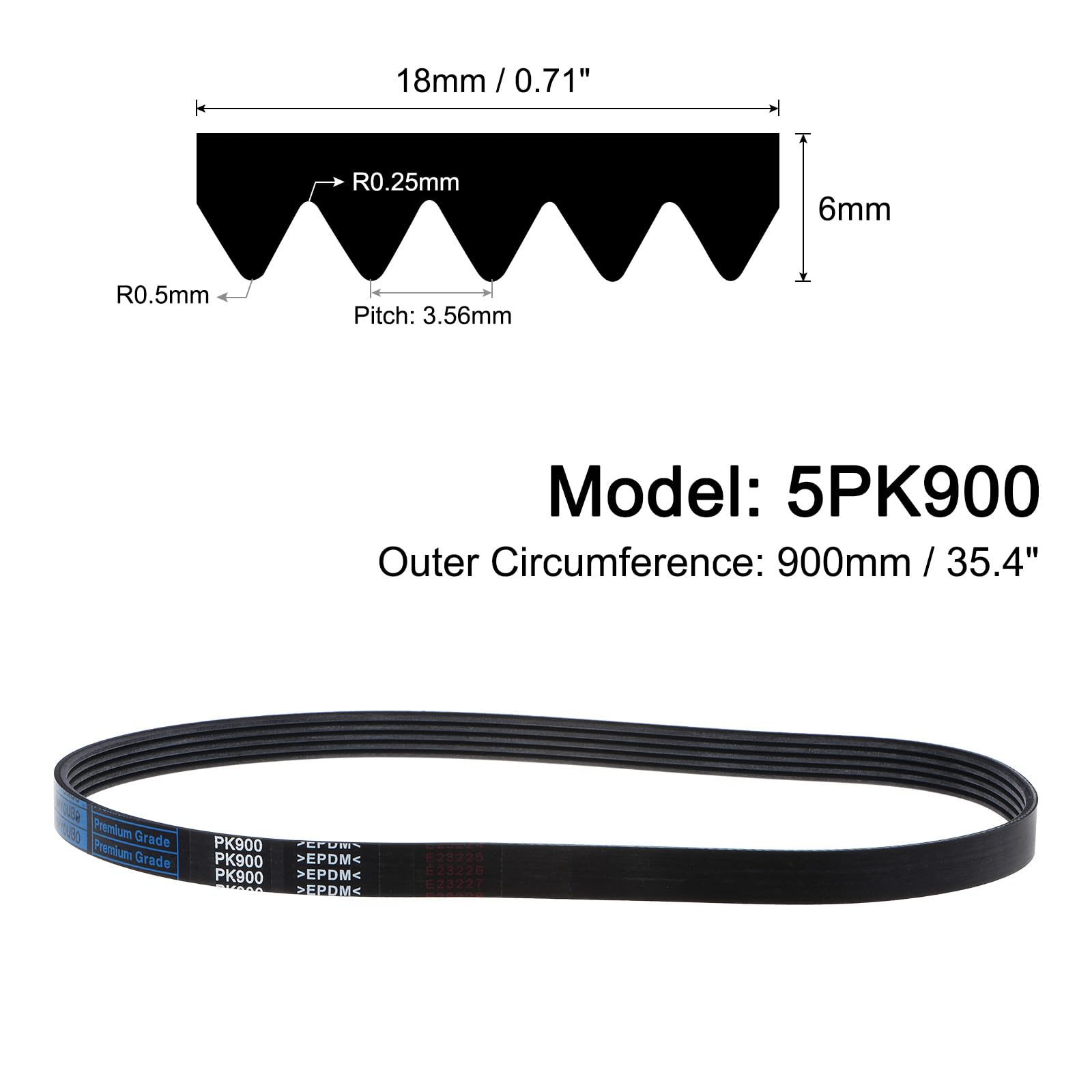 sourcing map Courroie Striée 5PK900 À 5 Nervures, Longueur de 900mm x Largeur de 18mm x Épaisseur de 5mm, Courroie Poly V en EPDM, Courroie de Transmission Industrielle Serpentine
