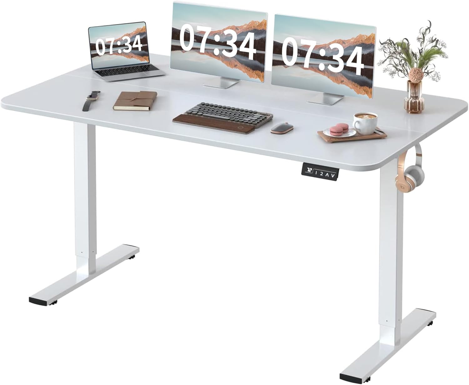 GUNJI Electric Standing Desk Height Adjustable 40 x 24 Inch Memory Sit Stand up Desk Large Home Office Computer Desk with Headphone Hook & Metal T-Shaped Leg (White, 40 * 24 Inch)