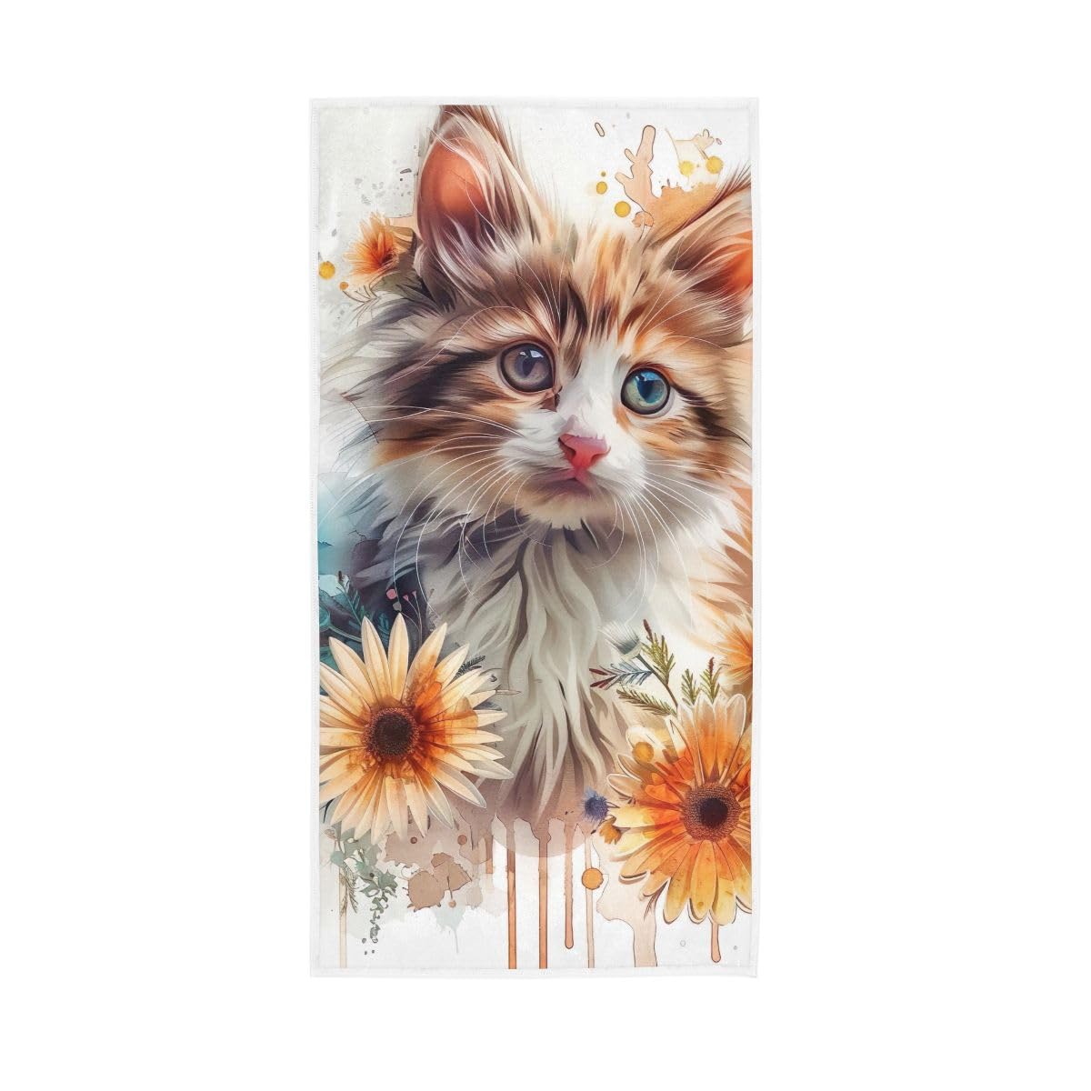 HUYGD Cat Flowers on White Hand Towels, Multipurpose Spa Towels for Bathroom, Gym, Hotel, Spa 15 x 30 Inches