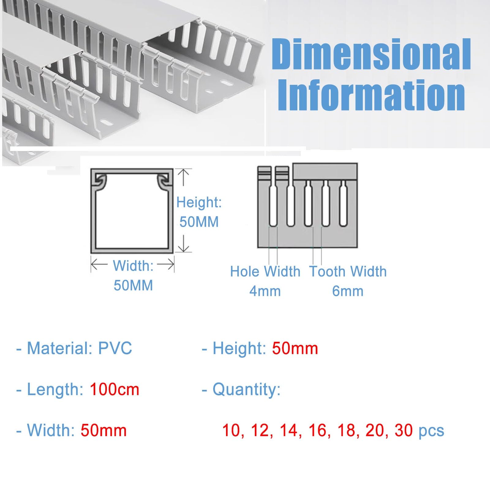 canalina passacavi muro Kit canalina portacavi quadrata in PVC grigio, canalina per cavi HxL 50x50mm con fessura aperta, copertura cavi con fissaggio a vite(10 PCS)
