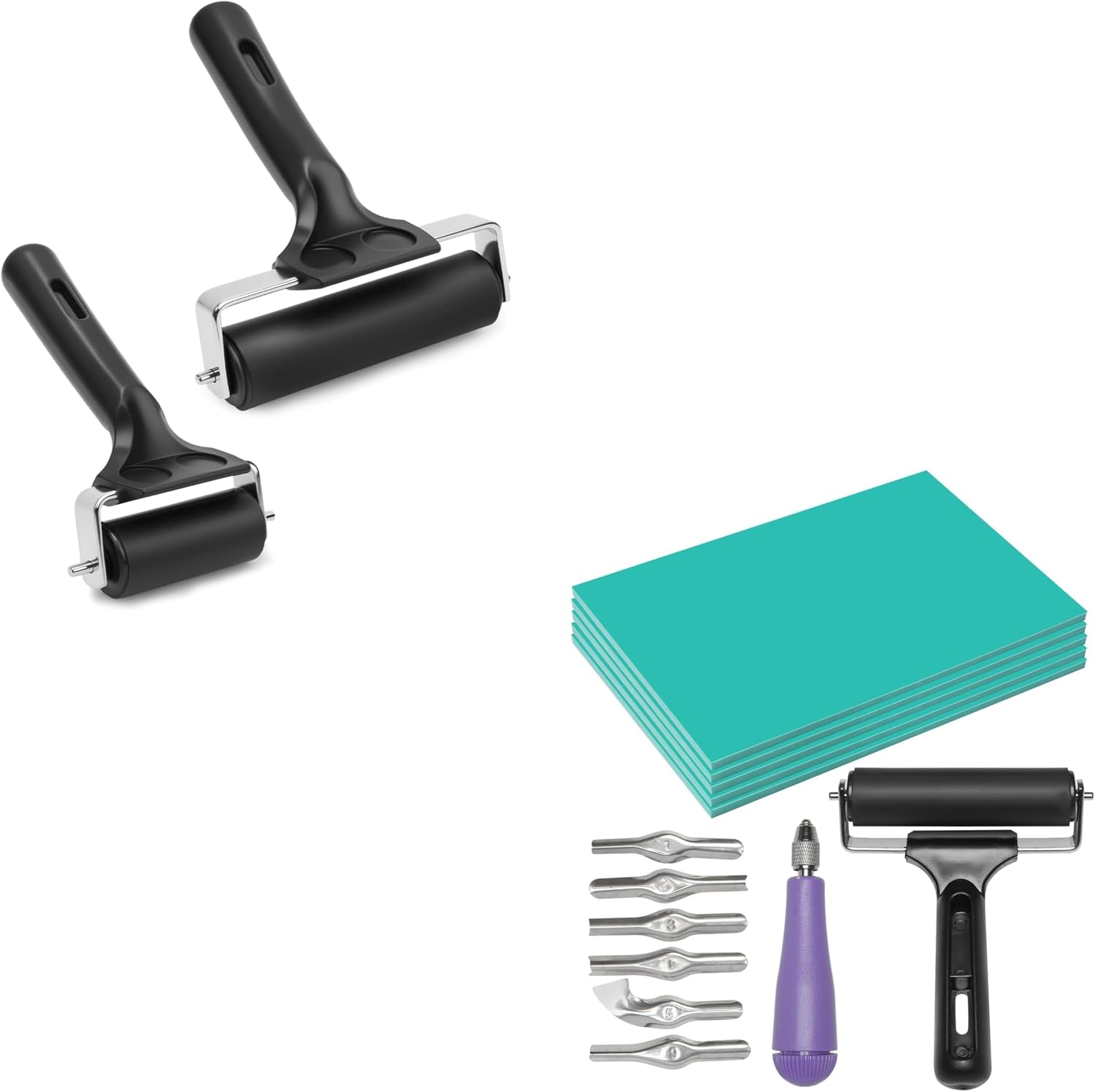 UCEC 2+7 Pack Brayer Roller for Printmaking – Durable Rubber Roller for Ink, Paint & Linocut Block Printing Kit – Includes 5 Soft 4" x 6" Linoleum Blocks and Lino Cutting Tools with 6 Blades Universal
