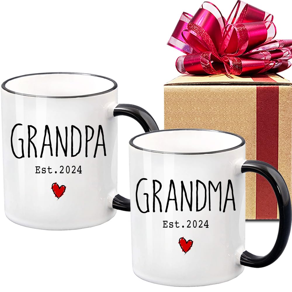 Dnuiyses Grandparents Est 2024 Coffee Mugs Set of 2, Pregnancy Reveal, New Great Grandma Gift, New Baby Announcement, Baby Reveal, Surprise Publicity Mug Gifts, New Grandma Gift (Black handle)-60