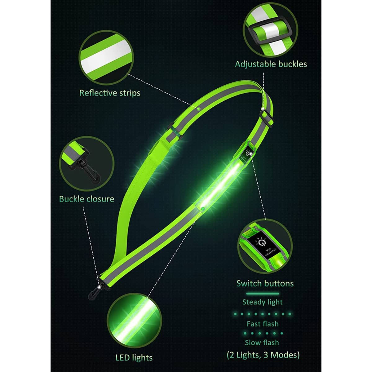 Ceinture Réfléchissante LED Zacro – 5 Couleurs, Rechargeable USB-C, Pour Running, Vélo, Marche Nocturne