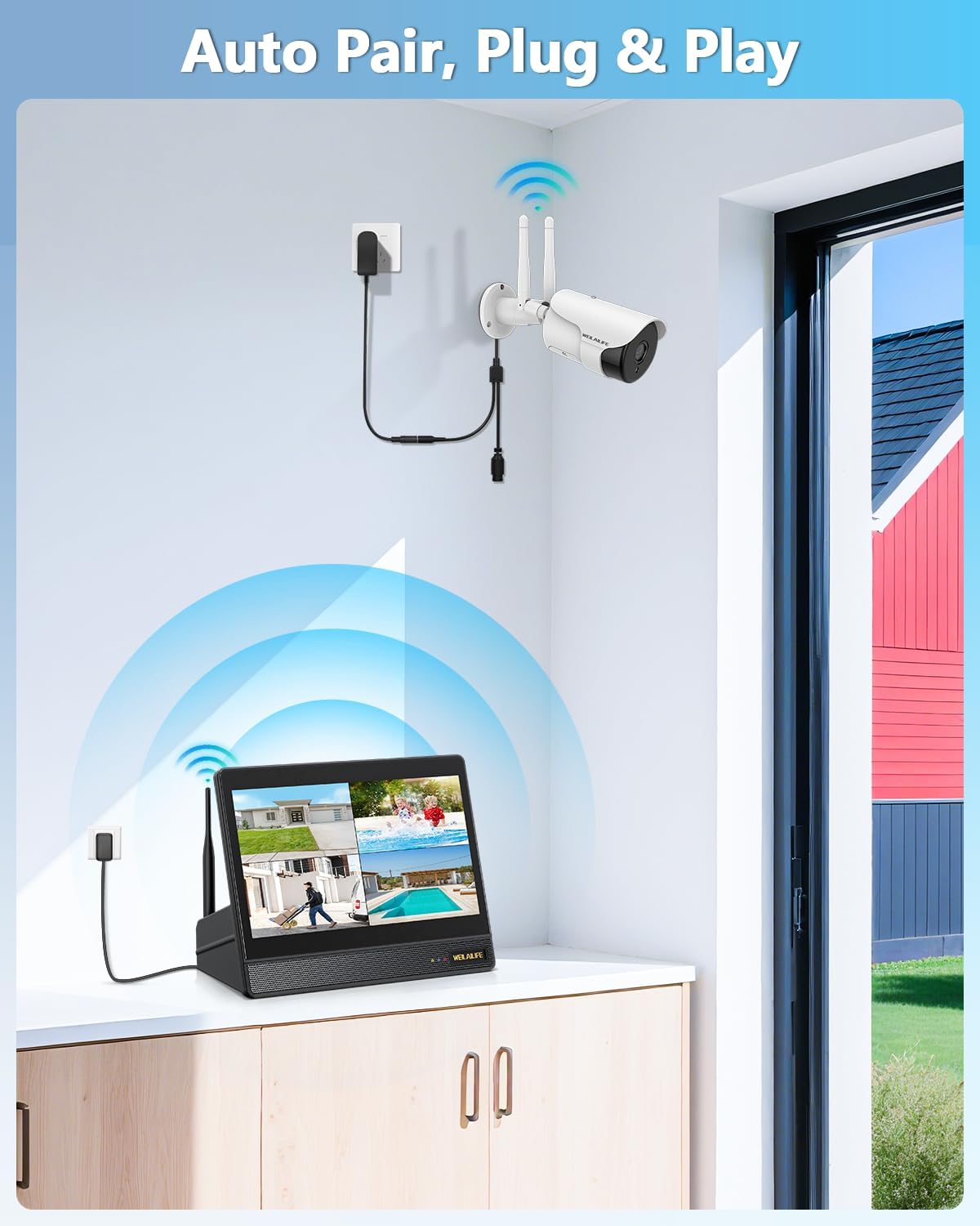 WEILAILIFE NVR with monitor showing auto-pairing with a wireless camera