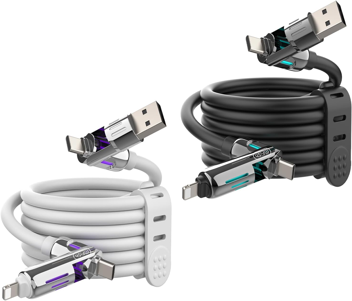 MFish 2-Pack 240W 4-in-1 Multi Charging Cable with Carrying Case, 6.6FT Fast Charge USB-A & USB-C to USB-C/Lightning, for iPhone 17/16/15/14, MacBook, iPad, Samsung S25/S24 (Black+White)