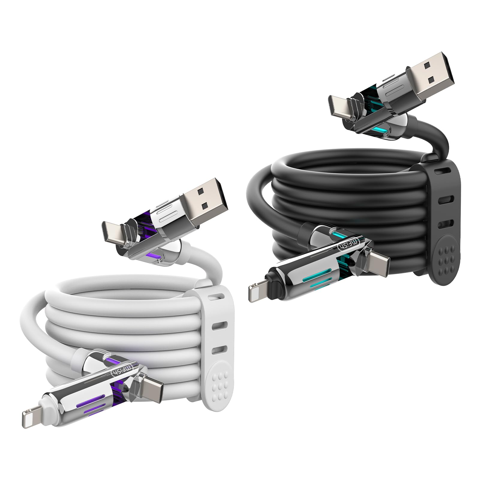 MFish Lot de 2 câbles de charge USB universels 4 en 1 240 W - Cordon de charge rapide pour iPhone 16/15/14/13, tablettes, ordinateurs portables, téléphones Android et plus (2 paquets, noir + blanc, 2