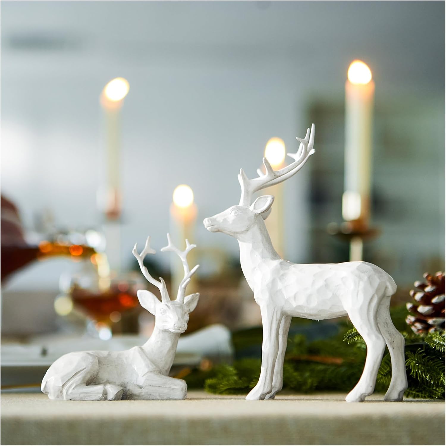 dn deconation 2pcs christmas reindeer figurines, chritmas small white deer statues,decorative resting lucky resin deer rustic sculptures for indoor home decor mantle cabinet desktop office antique white 2 pieces