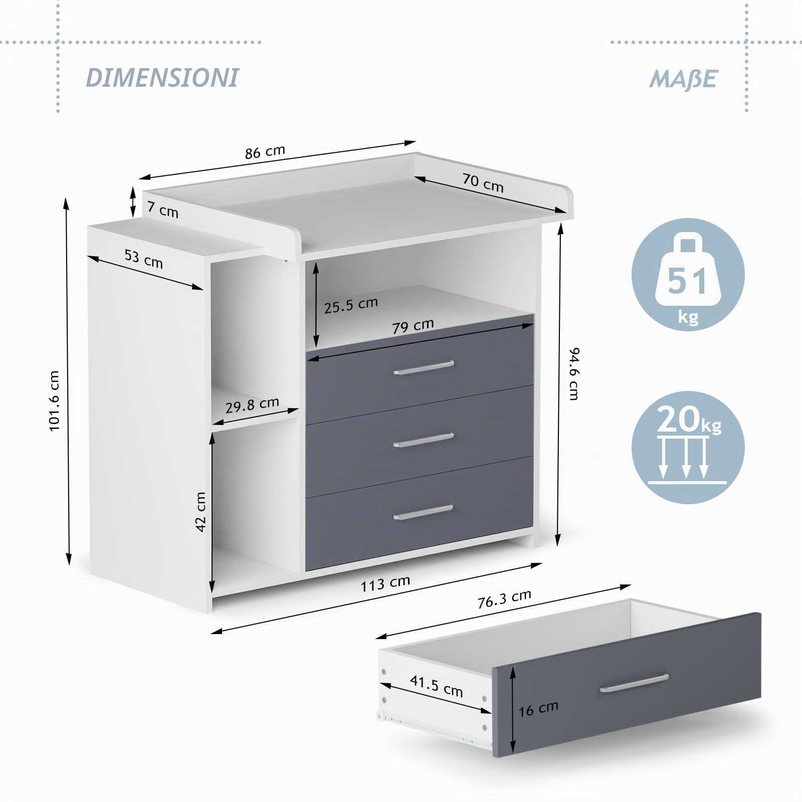 Infantastic® Fasciatoio Neonato con Cassettiera - 3 Cassetti, 3 Scomparti Aperti, 113x70x101, MDF, Bianco/Grigio - Arredamento, Mobile Cameretta da Bambini, Armadio Neonato, Organizzatore per Bebè