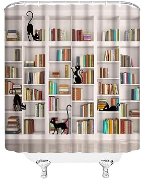 GCTNBJL Bookshelf Shower Curtain Library Cat Vintage Bookcase Wooden Antique House Hippie Art Wall Beige Bathroom Home Curtain with Hooks,70x70 Inch