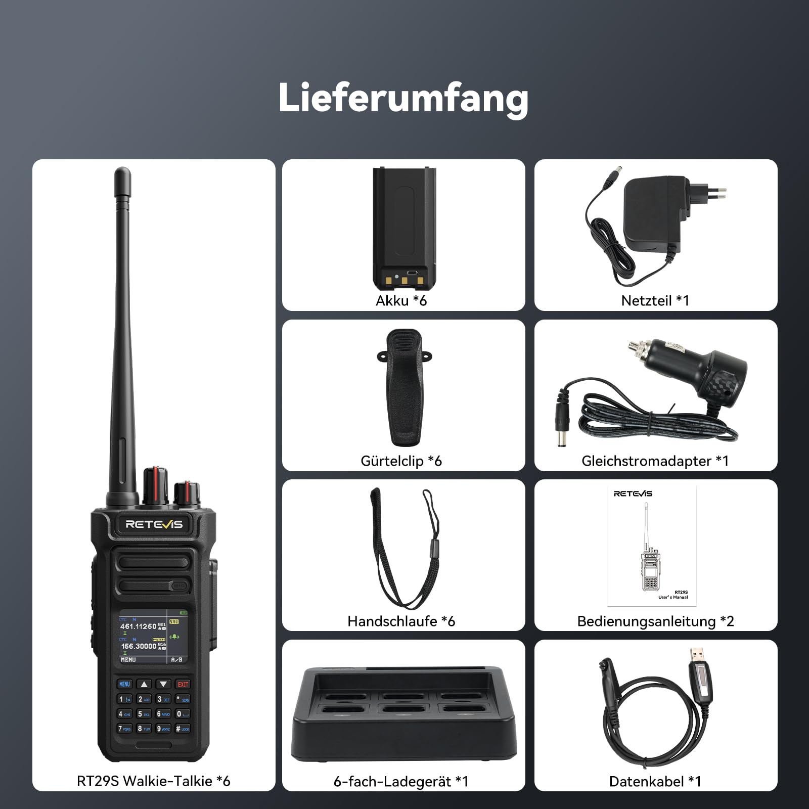 Retevis RT29S Walkie Talkie Wasserdichtmit, Handfunkgerät mit 6 Wege Ladegerät, Großer Reichweite, Professionelles IP67, LCD-Bildschirm Rauschunterdrückung Gruppenruf für FürIndustrie (6er-Pack)