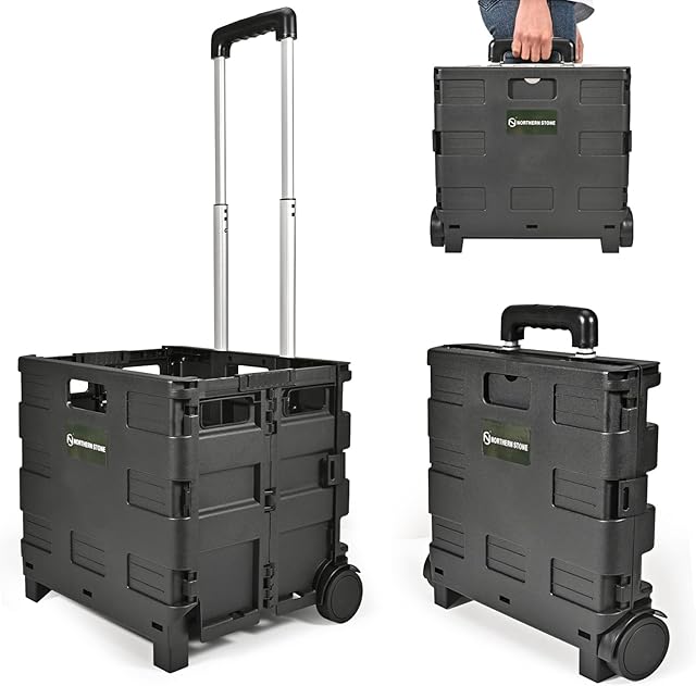 NORTHERN STONE Folding Shopping Trolley Cart, Boot Cart with Noiseless Wheel and Adjustable Telescopic Aluminium Handle, Collapsible Utility Box for Shopping, Garden Camping (Black)