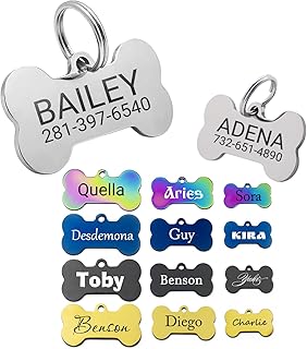 Personalised Stainless Steel Bone-Shaped Dog ID Tags, Customized Dog Tags,Customization of Up to 6 Lines of Text and QR Co...