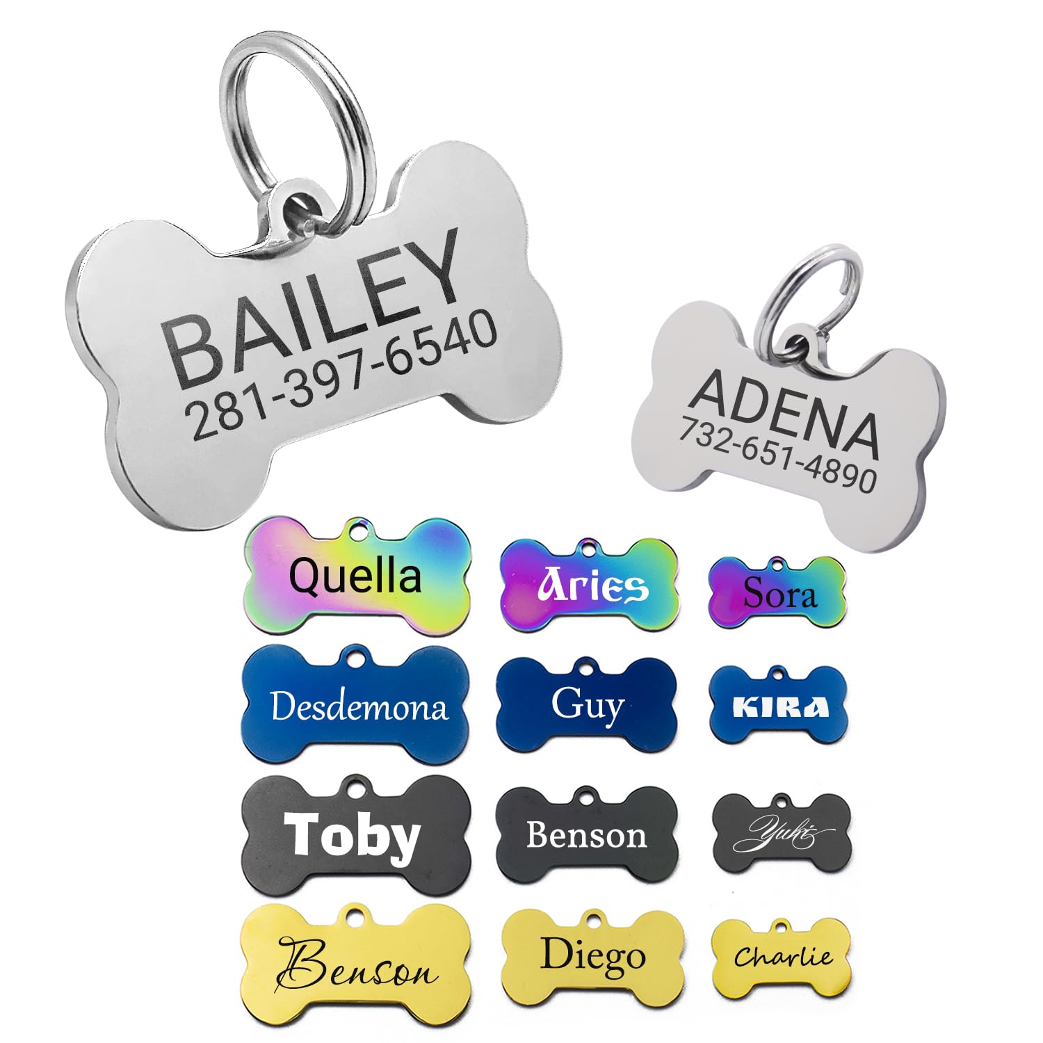 Etiqueta de Identificación de Perro de Acero Inoxidable Personalizada, Placa de Identificación Personalizada Tallada por Láser, Hasta 6 Líneas de Texto o Código QR, 2 Tamaños (Huesos)