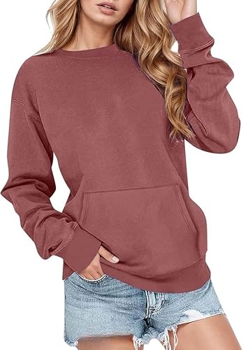 Women Crewneck Long Sleeve Sweatshirts Solid Color Pullover Tops No Hood Fall Fashion Comfort Sweaters with Pocket (Dark Red,Medium)