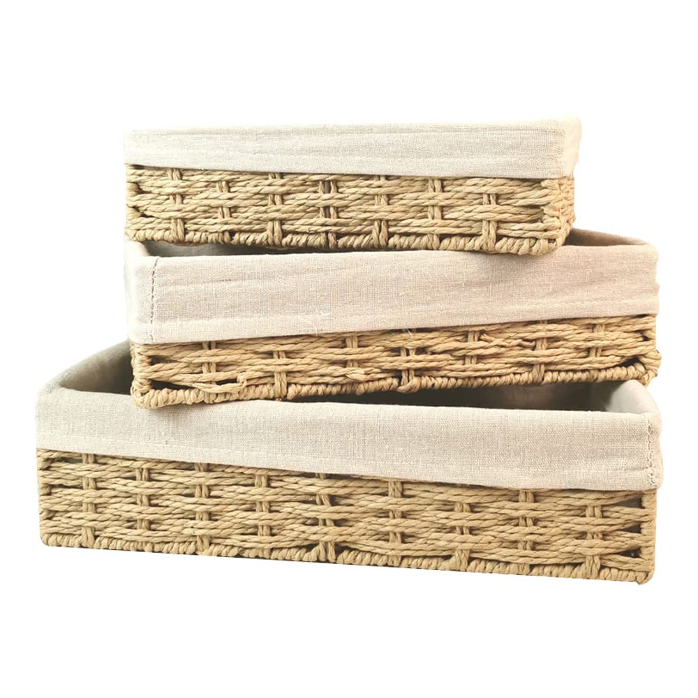 Panier de rangement en osier tressé main HUIOP lot de 3 bacs beige