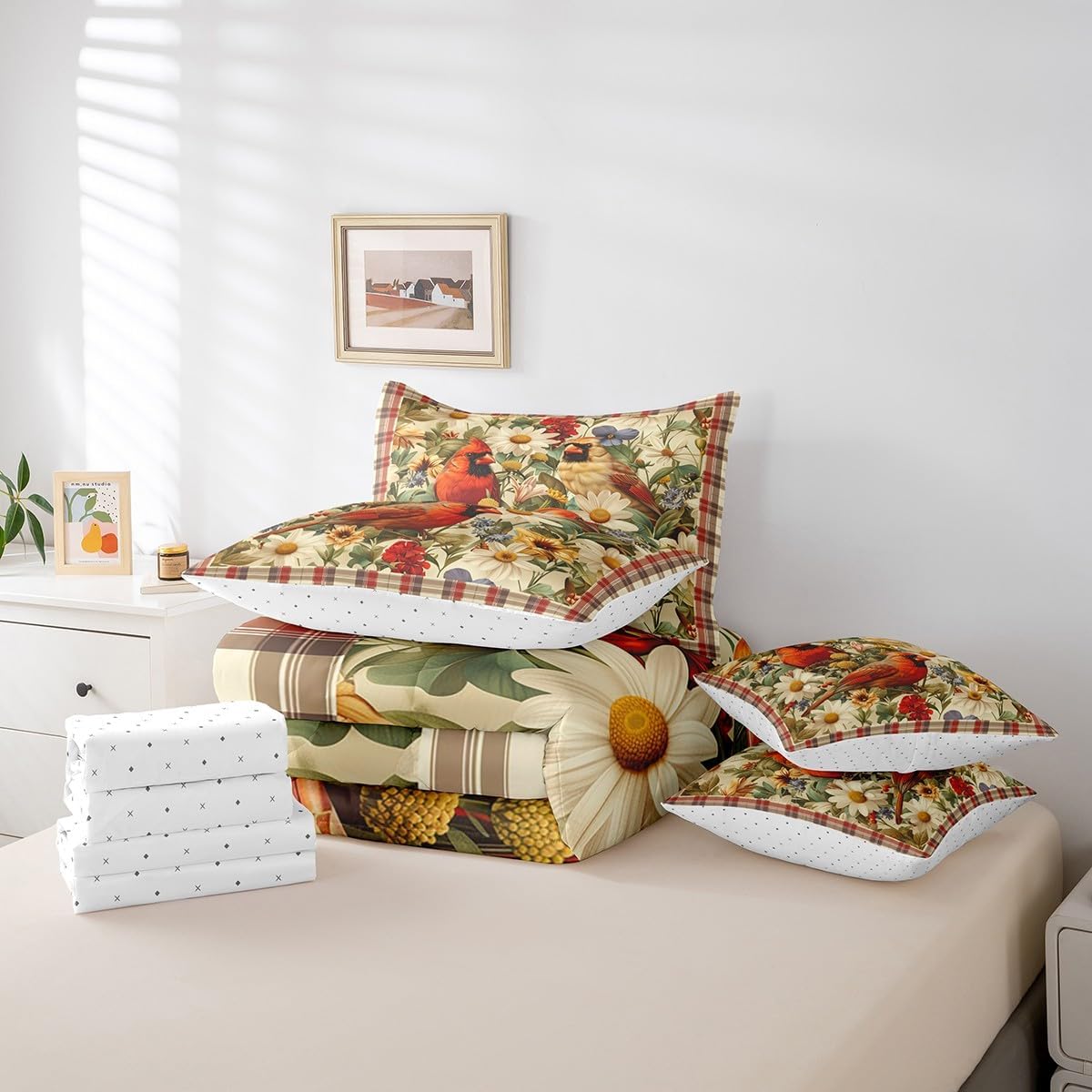 Erosebridal Red Cardinal Comforter Set Wild Animals Floral Bed in A Bag Vintage Geometric Plaid Bedding Sets 7 Pcs Full(1 Comforter,2 Pillowcases,1 Flat Sheet,1 Fitted Sheet,2 Throw Pillow Covers)