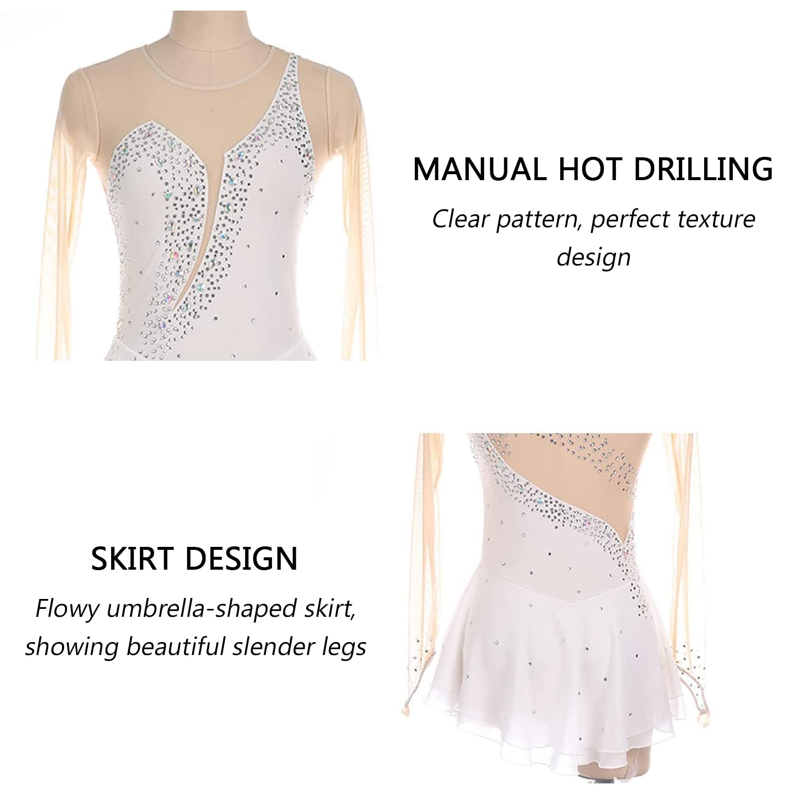Vestido Patinaje Artístico con Cristales Strass Mujeres Manga Larga Competición Gimnástica Ropa de Baile(Size:3XL,Color:Naranja)