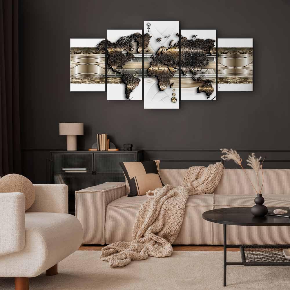 Cuadros B&D XXL - Quadro Mappamondo 200x100 cm 5 Pezzi - Stampa su Tela Strutturata XXL Grande - Quadri Moderni Componibili Camera da Letto Matrimoniale - Stampe da Parete Arte k-A-0022-b-n