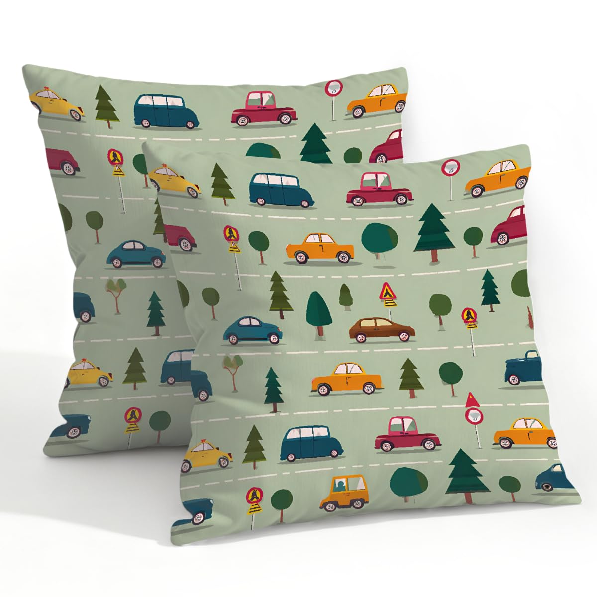 Outdoor Pillow Covers Waterproof Pillowcases 22x22in Set of 2 Cute Cartoon Traffic Cars Decorative Throw Cushion Case for Couch Sofa Garden Patio Furniture