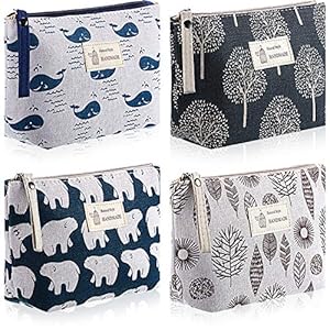 4 Pieces Canvas Cosmetic Bags Set Pouches for Purse with Zipper Multi Functional Canvas Travel Pouch for Women Girls Vacation Travel Toiletry Bag, 4 Styles (Whale, Bear, Tree, Leave, Small)