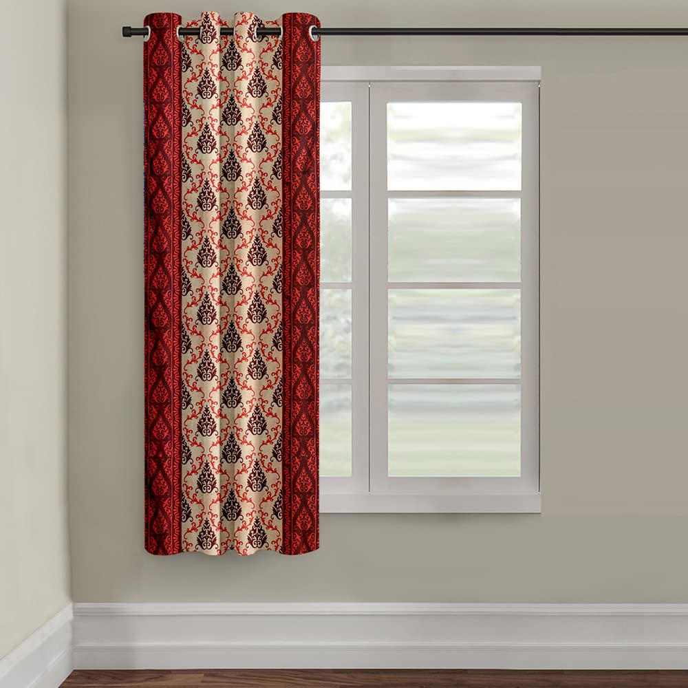 Cortina Damask Light-Filtering Polyester Curtains 5 feet Long Set of 1 for Window [ Opacity: 50-60%, Color: Maroon, Printed Curtain -130 GSM ]