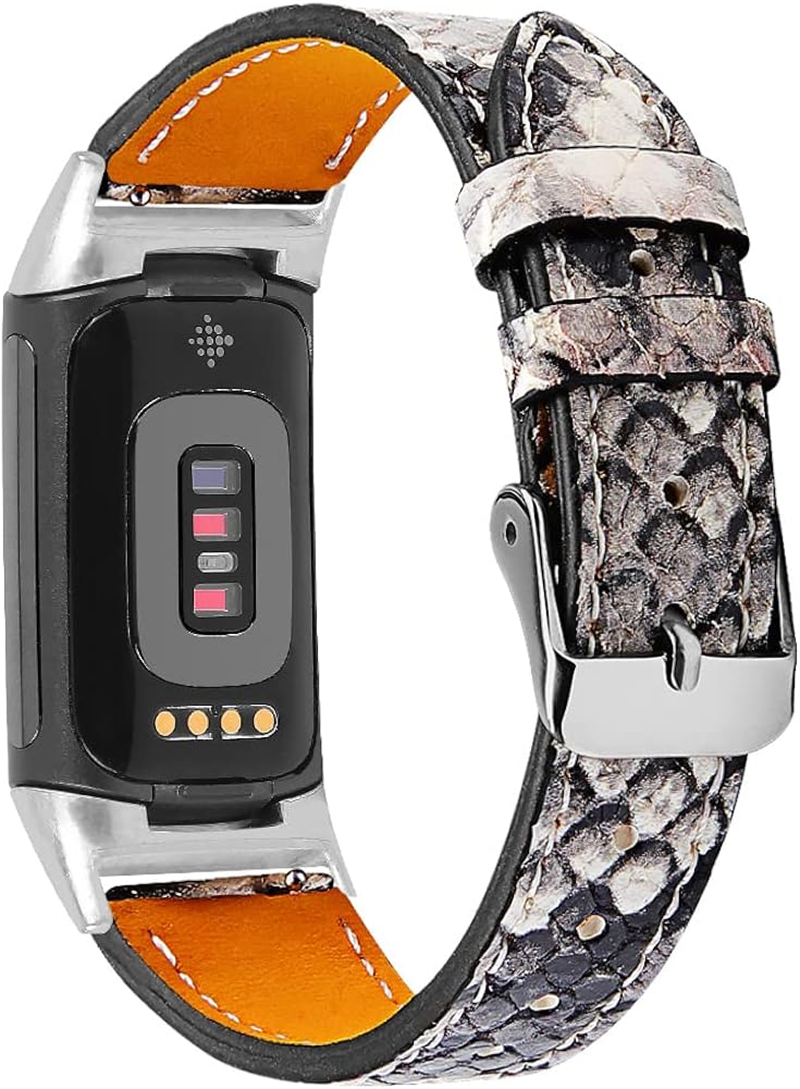 Gimuk Compatible with Fitbit Charge 5 Strap for Women Men Genuine Leather Adjustable Sports Strap Replacement Wristband for Charge 5 Tracker Small Large (Snakeskin Black)