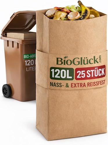 BioGlück® Biomüllsäcke 120L [25 Stück] für die Biotonne | Extra reißfest & nassfest | Hält die Tonne zuverlässig sauber & trocken