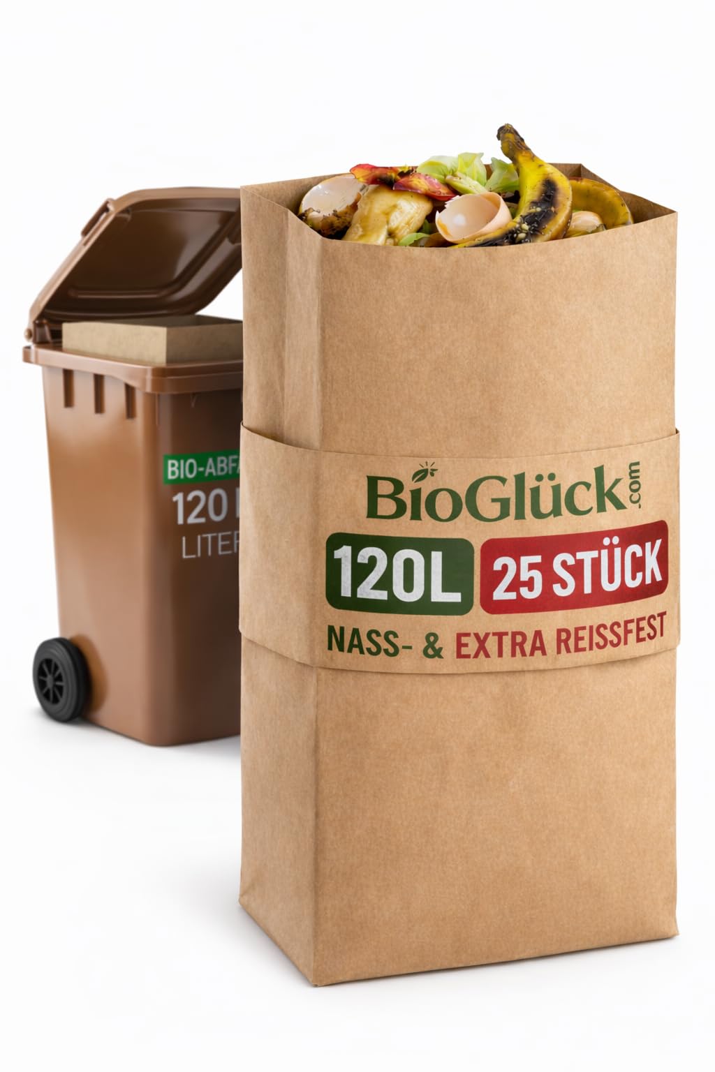 BioGlück® Biomüllsäcke 120L [25 Stück] für die Biotonne | Extra reißfest & nassfest | Hält die Tonne zuverlässig sauber & trocken
