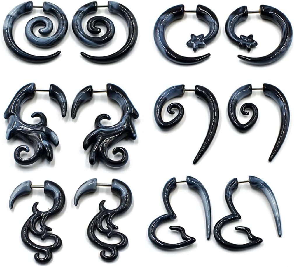 COLORFUL BLING 6-12Pairs Stainless Steel Punk Black Tribal Spiral Fake Gauges Acrylic Ear Tapers Fake Plugs Horn Stud Earrings Tunnel Body Piercing Jewelry