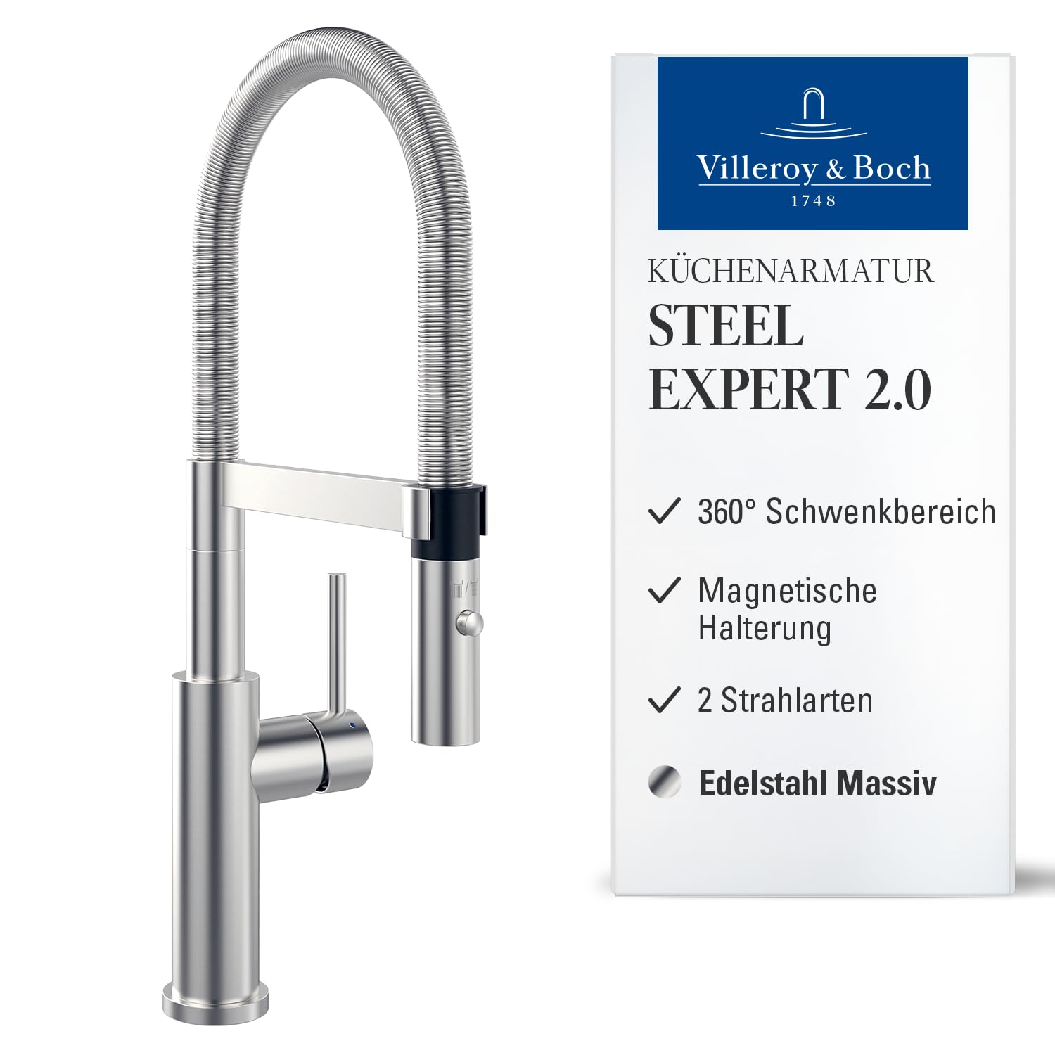 Villeroy & Boch Steel Expert 2.0 Küchenarmatur, Hochdruck, Wasserhahn Küche mit Umschaltfunktion und schwenkbarem Auslauf, Spültischarmatur wassersparend, Auslauf Höhe 170mm, Edelstahl massiv