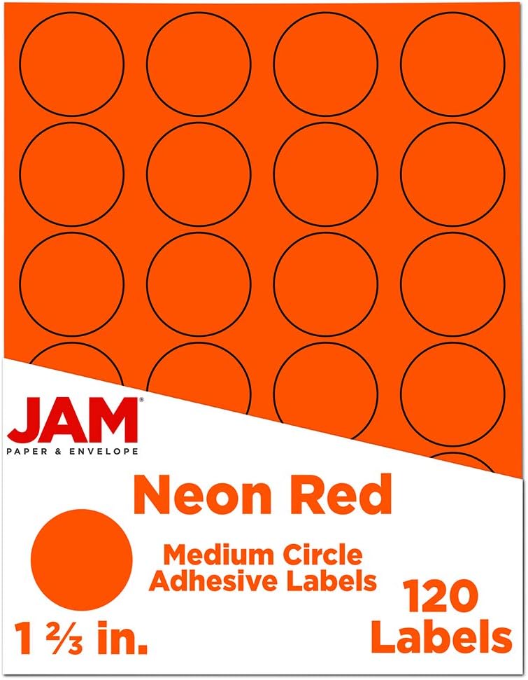 JAM PAPER Circle Label Sticker Seals - 1 2/3 Inch Diameter - Neon Deep Red/Orange - 120 Round Labels/Pack