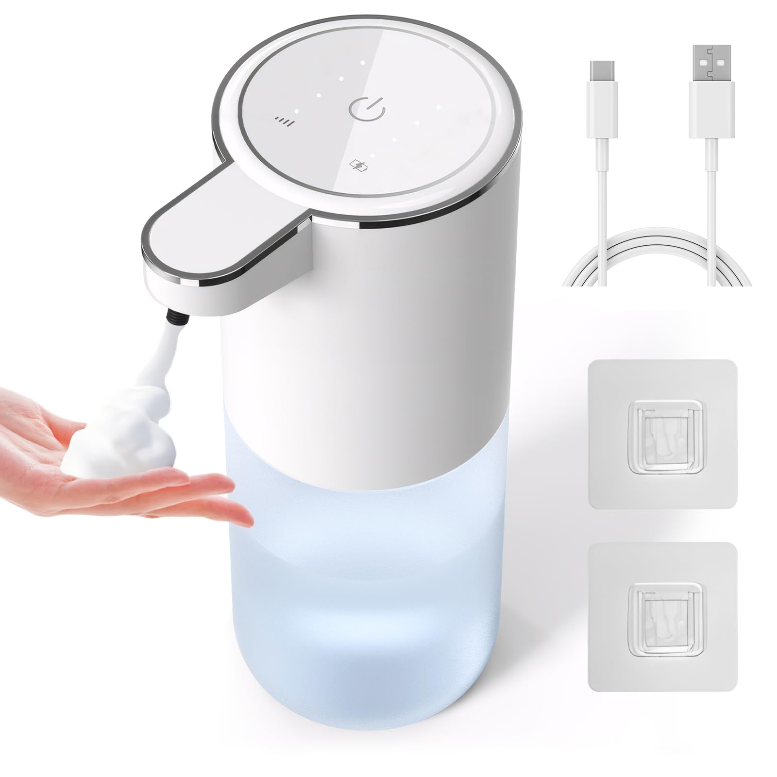 Automatic Foaming Soap Dispenser, Hand Soap, Shampoo, Battery Level Display, LED Display, 4 Levels Adjustment, 13.5 fl oz (400 ml), USB Charging, Wall Mounted, IPX5 Waterproof, Shower Gel, Lavatory, Translucent Bottle, Bathroom, School, Hotel, Japanese Instruction Manual Included (English Language Not Guaranteed)