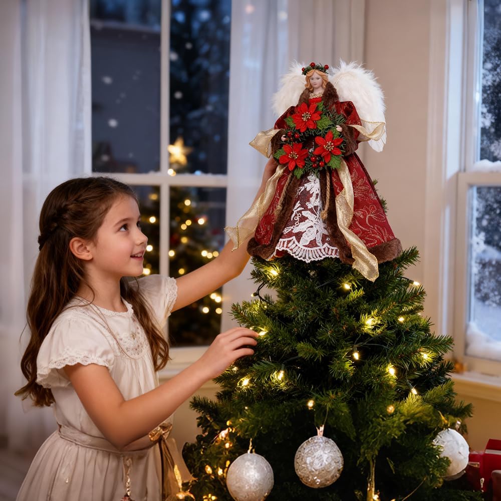 Christmas Tree Decorations, 14.17" Angel for Christmas Tree Topper Decoration, Christmas Tree Toppers Decor Angels with Wings Holding A Wreath, Christmas Home Decor (Burgundy with Gold) - Image 3