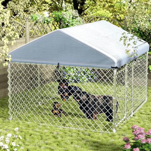 Selfun Large Outdoor Dog Kennel, 7' x 5.9' x 5.1' - 2.5 Wire Diameter Thickened Wire Mesh Dog Kennel Outside, UV & Water Resistant 420D Oxford Fabric, Galvanized Chain Link Dog Runs with Safe Lock
