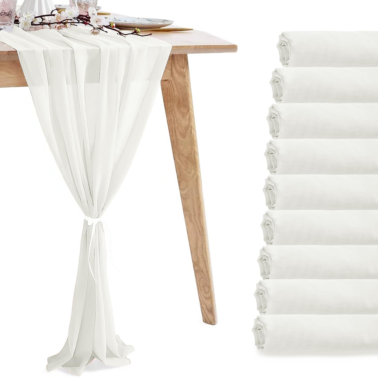 Photo 1 of 10 Pack 10ft White Chiffon Table Runners Wedding Table Runner Sheer Romantic Tulle Table Runner for Christmas Wedding Bridal Tea Party Baby Shower Birthday Party Table Decorations(120 x 12 in)