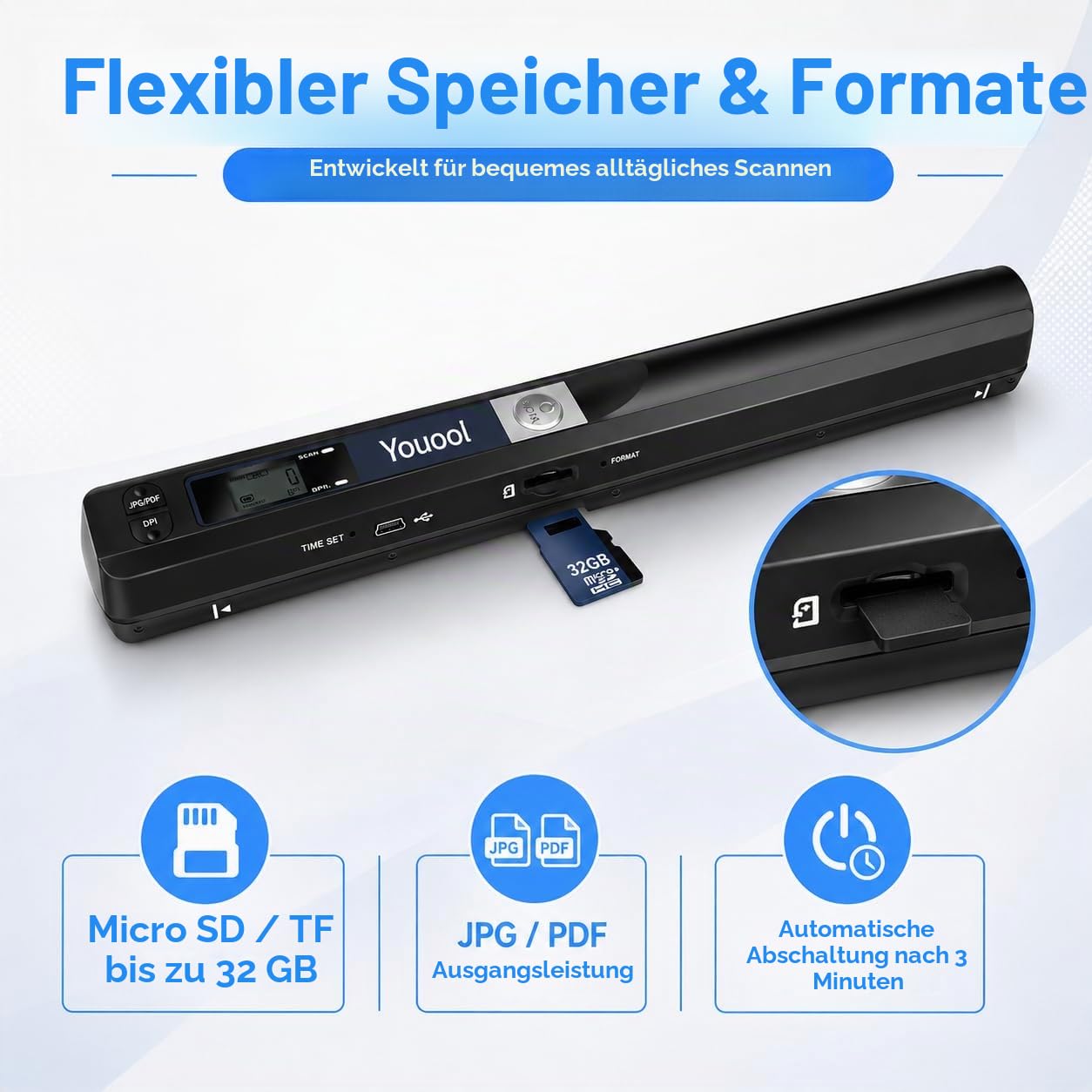 Handscanner mit 16G Micro SD, 900 DPI Tragbarer Hand-Dokumentenscanner Farbscanner, A4 Scanner Scannen im JPG und PDF Format für Dokumente Quittungen Fotos
