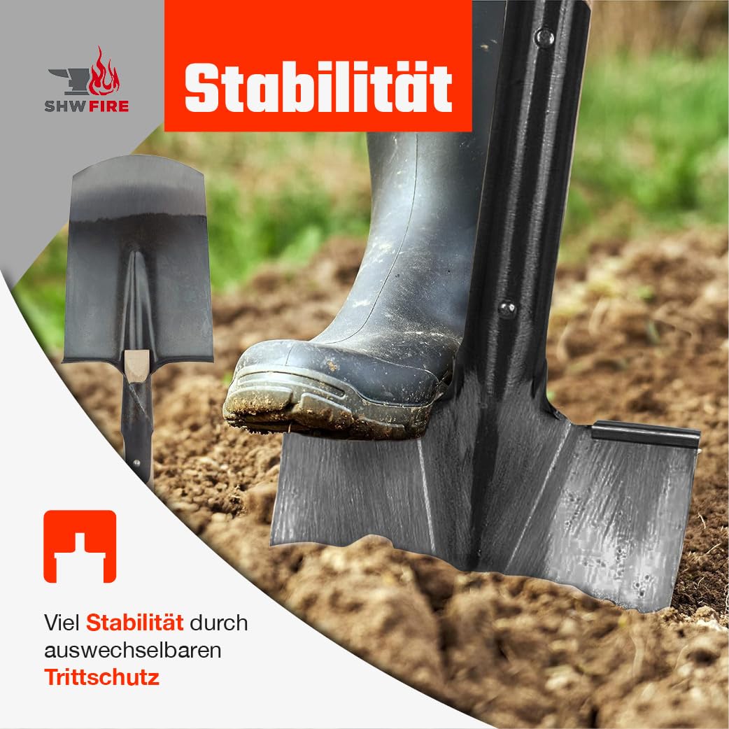 SHW-FIRE Apollo-Spaten - 1/2 poliert, umgebogener Tritt und Buchenstiel | Made in Germany | Für Garten- & Erdarbeiten |Umgraben & Ausheben | Halbpoliertes Blatt| Mit Tritt | Schmiedequalität
