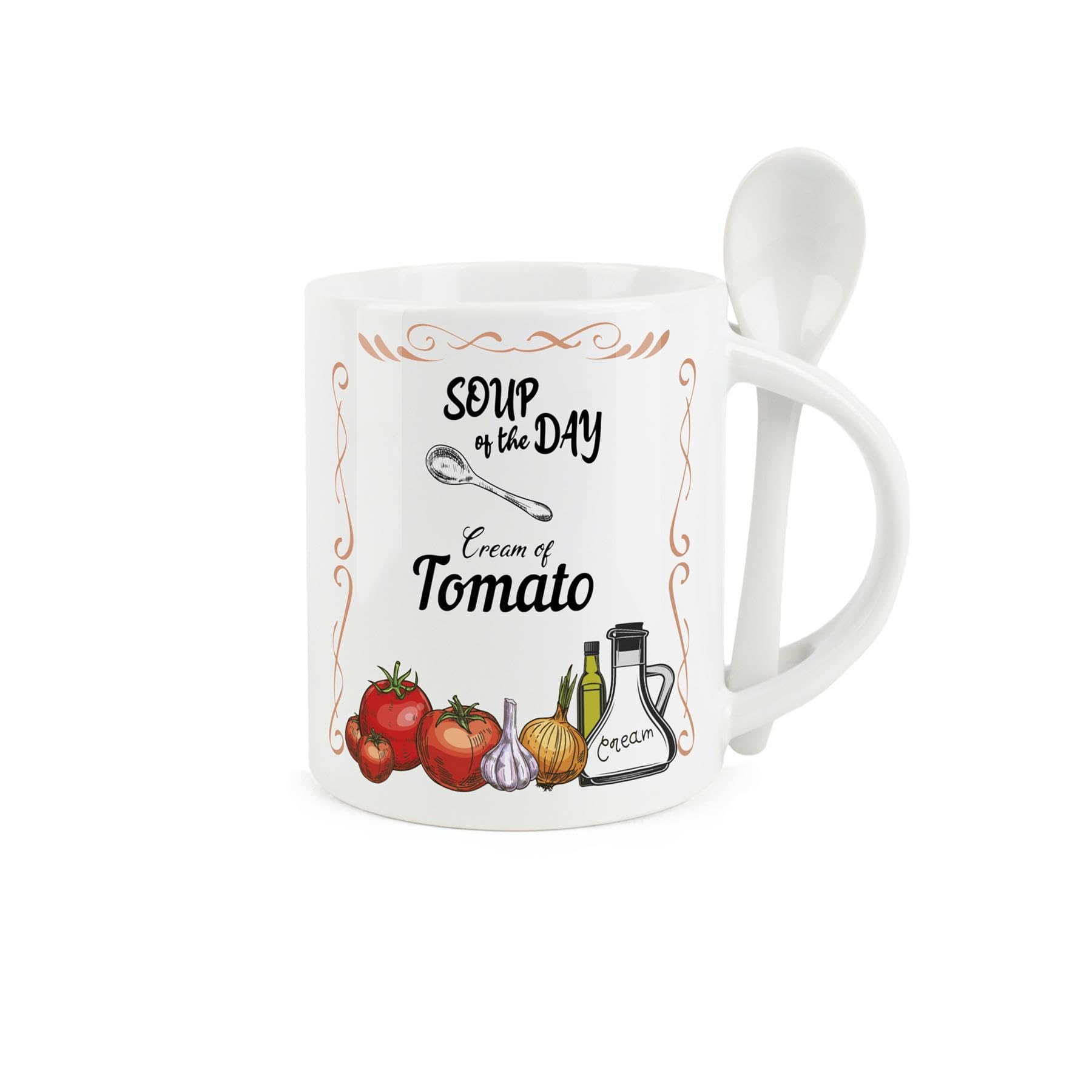 Purely Home Soup Mug and Spoon Set - Cream of Tomato Soup of The Day - Ceramic White Soup Mug with Spoon in Handle