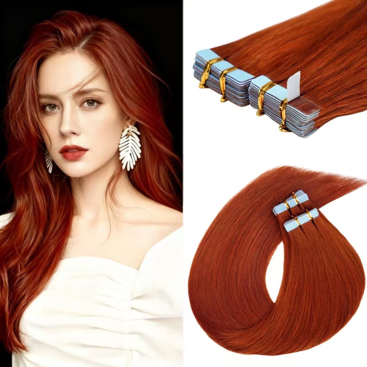 18 Inch Tape in Hair Extensions Human Hair, #350 Copper Red Straight Seamless Skin Weft, Invisible Tape ins Real Human Hair Extensions for Women 20 Pcs 50g