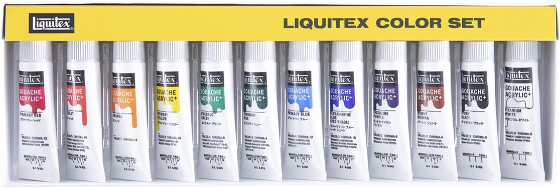 LIQUITEX Gouache Acrylic Plus 12 Color Set, G1, 0.3 fl oz (10 ml)