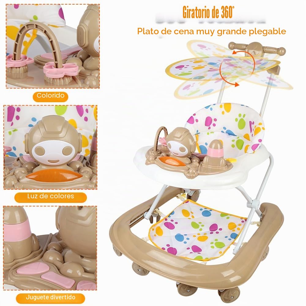 Andador para bebé con musical, andador de bebé fácilmente plegable, placa extraíble, toldo de coche, 6 a 18 meses, hasta 12 kg, 62 x 68 x 36 – 81 cm, color caqui